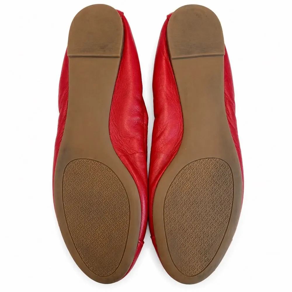 Tory Burch York Cap Toe Poppy Red Leather Ballet Flats Gold Logo Size 7.5
